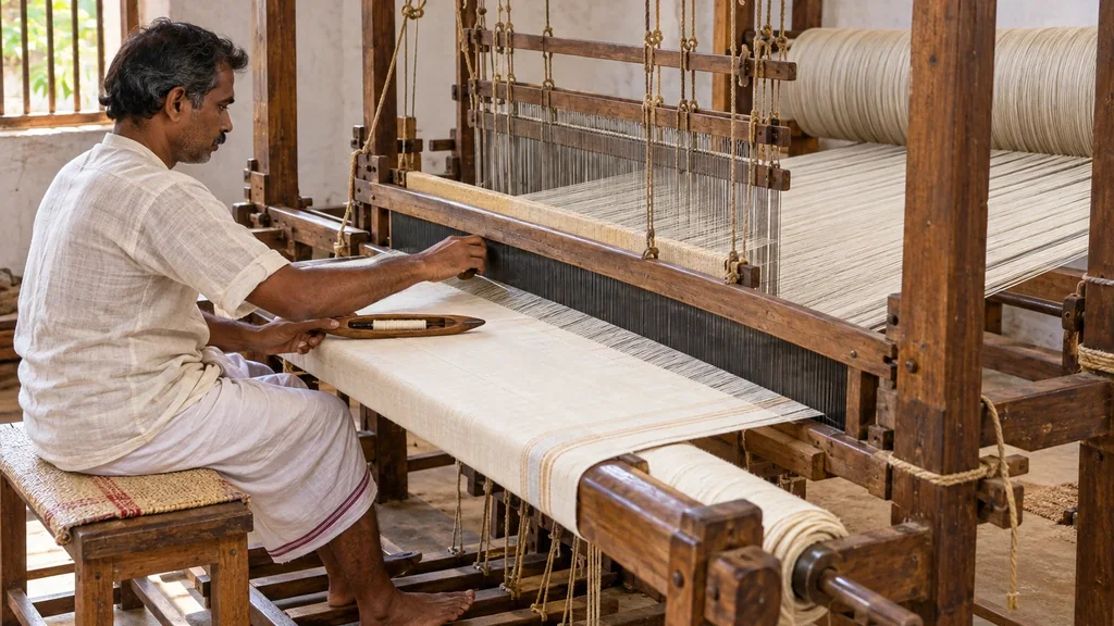 A weaver seated at a wooden handloom, ivory cloth emerging in front of him and the long warp threads stretching back behind the reed.