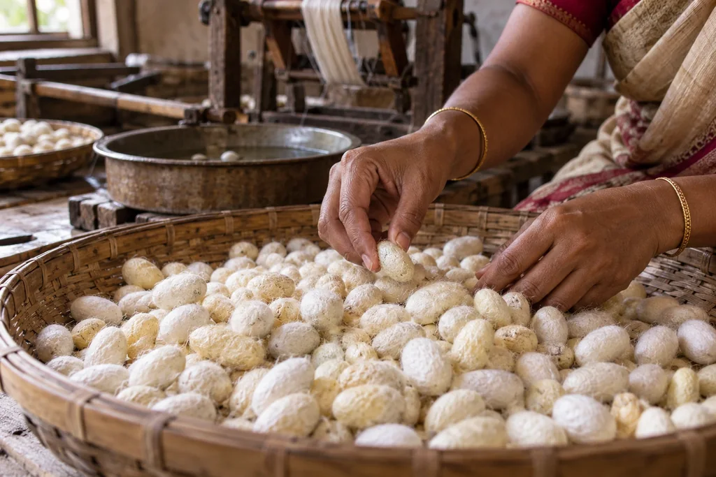 Hands choosing ivory silk cocoons from a wide bamboo tray heaped with them.
