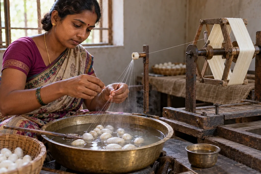 A woman drawing fine filaments from cocoons floating in a basin of hot water towards a wooden reel.
