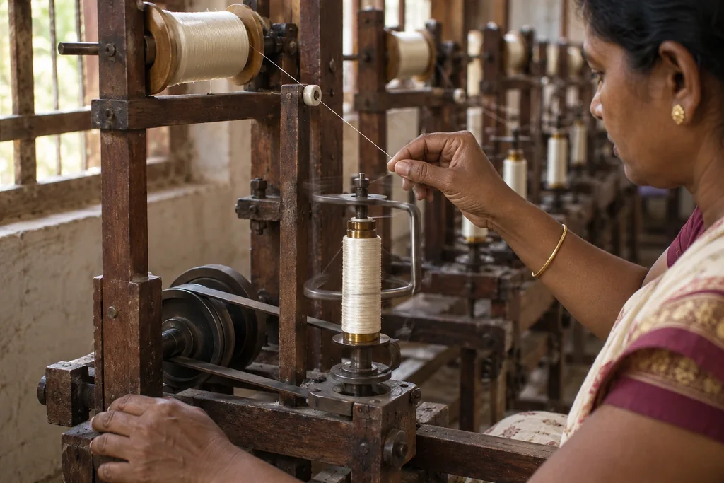 A woman guiding pale silk yarn from a spool to a spindle on a twisting machine.