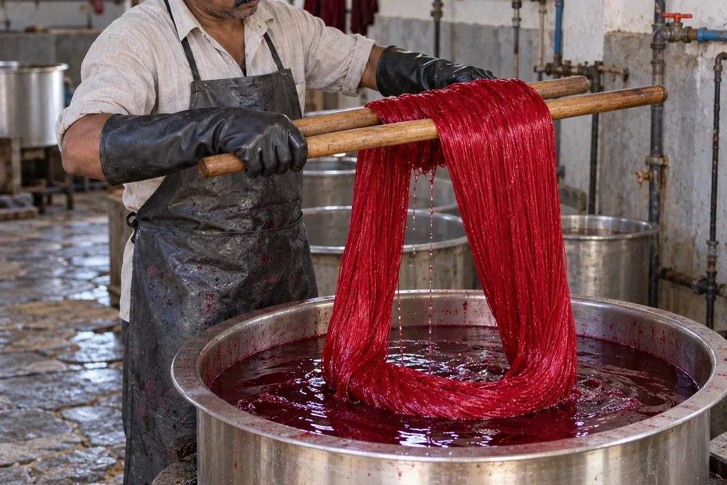 A dyer in gloves lifting a loop of wet red silk yarn on wooden poles above a dye vessel.