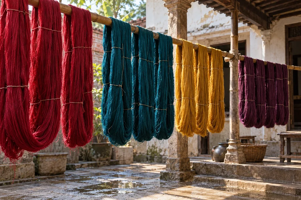 Hanks of red, teal, yellow and purple silk yarn hanging from a bamboo pole in a sunlit courtyard.