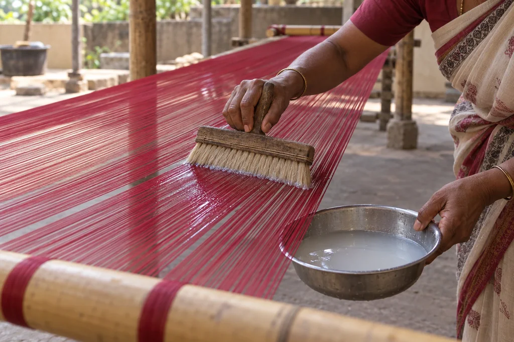 A woman brushing a pale starch along stretched red warp threads, a bowl of it in her other hand.