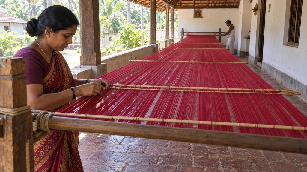A long bed of red warp threads stretched the length of a veranda, bamboo rods keeping them in order while a woman works at one end.