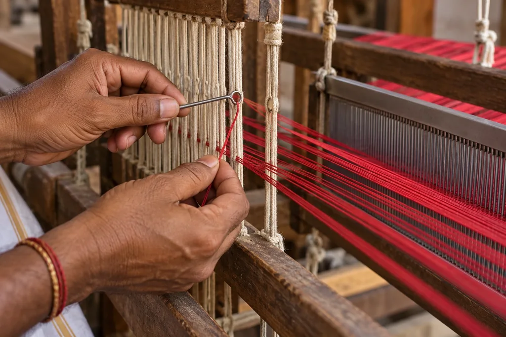 Hands guiding a red warp thread through the eye of a heddle with a fine metal hook, the reed beside it.