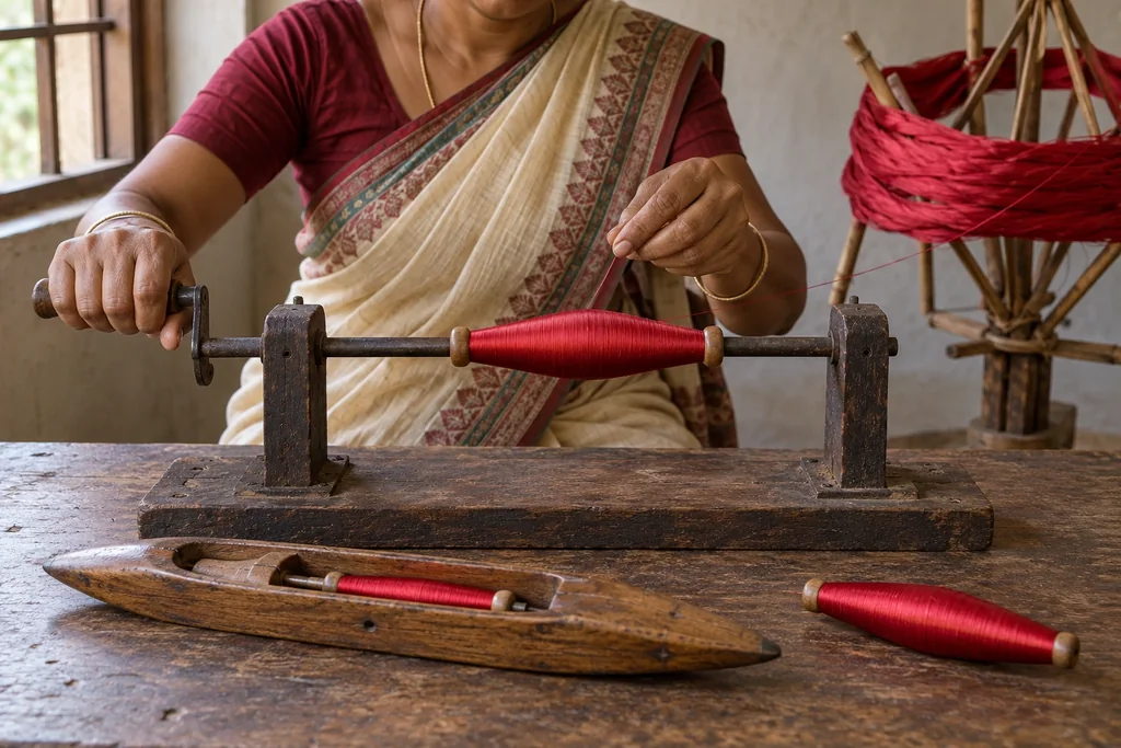 Hands turning a small winder to fill a pirn with red yarn; a wooden boat shuttle and another full pirn lie on the bench.