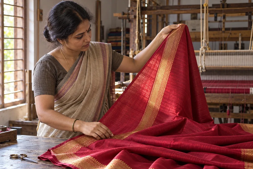 A woman lifting a red silk saree with a gold border to the light of a window to examine it.