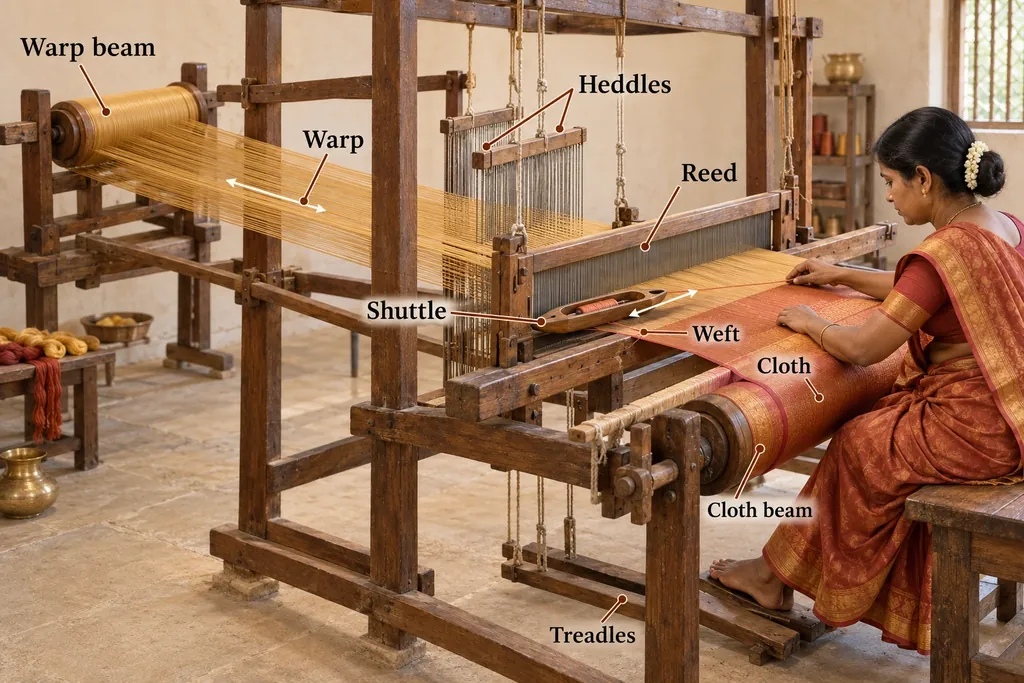 A weaver at a wooden handloom, with labels naming its parts: warp beam, warp, heddles, reed, shuttle, weft, cloth, cloth beam and treadles.
