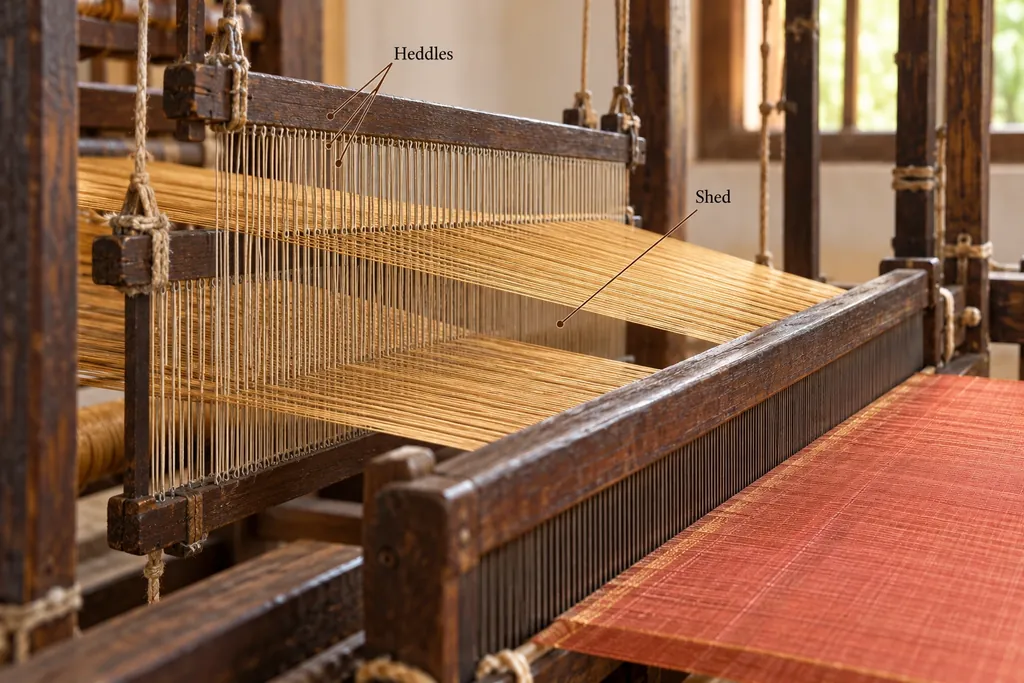 Heddles raising one set of golden warp threads above the other, opening a wedge-shaped gap behind the reed; red cloth in front.