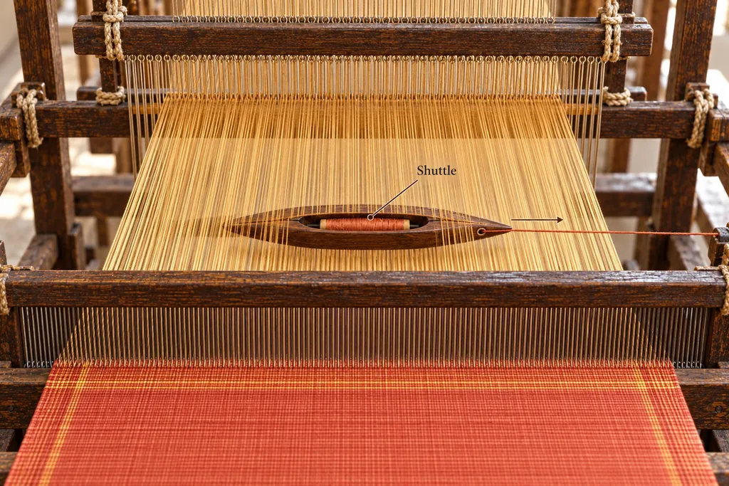 A wooden boat shuttle crossing the loom through the open warp, trailing a red thread.