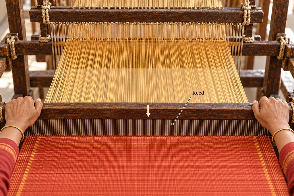Two hands pulling the reed towards the woven red cloth.