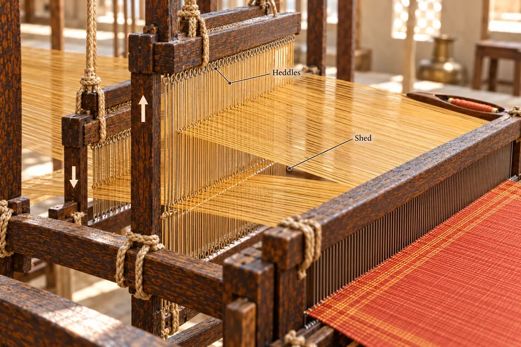 The heddle frames changed over: the other set of warp threads is now raised, opening a new shed.