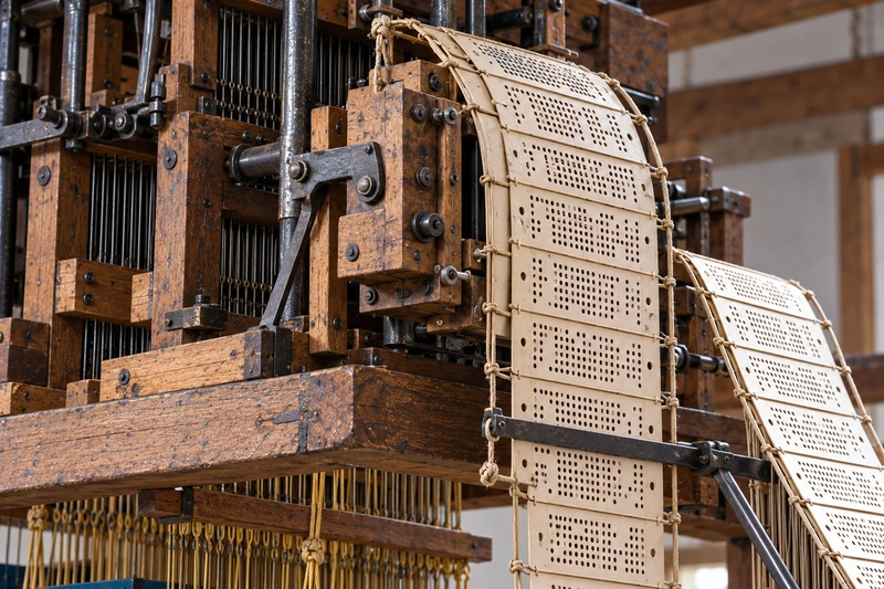 Close view of linked punched cards passing over the card carrier beside the reading mechanism of a Jacquard.