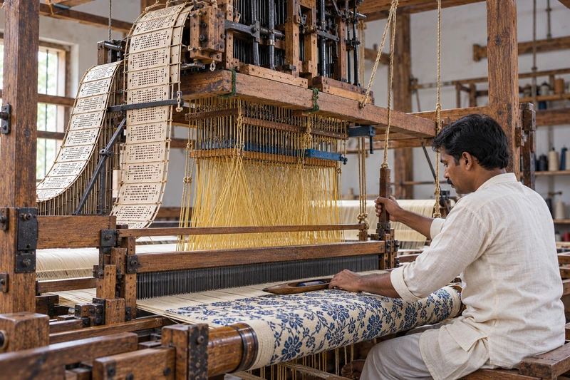 A weaver at a handloom with a Jacquard head and its cards above, blue patterned silk emerging below.