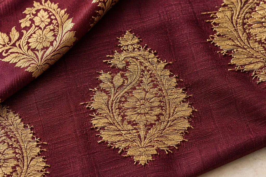 The back of a burgundy Banarasi brocade: short clipped gold thread ends around each woven motif; a turned corner shows the smooth front.