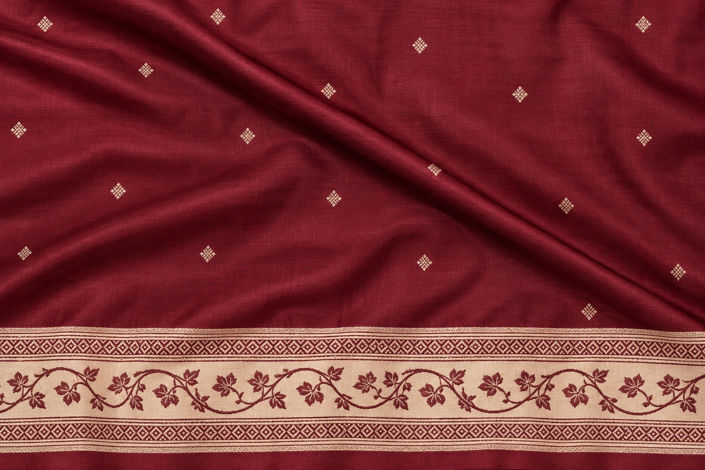 Maroon silk with ivory contrast border