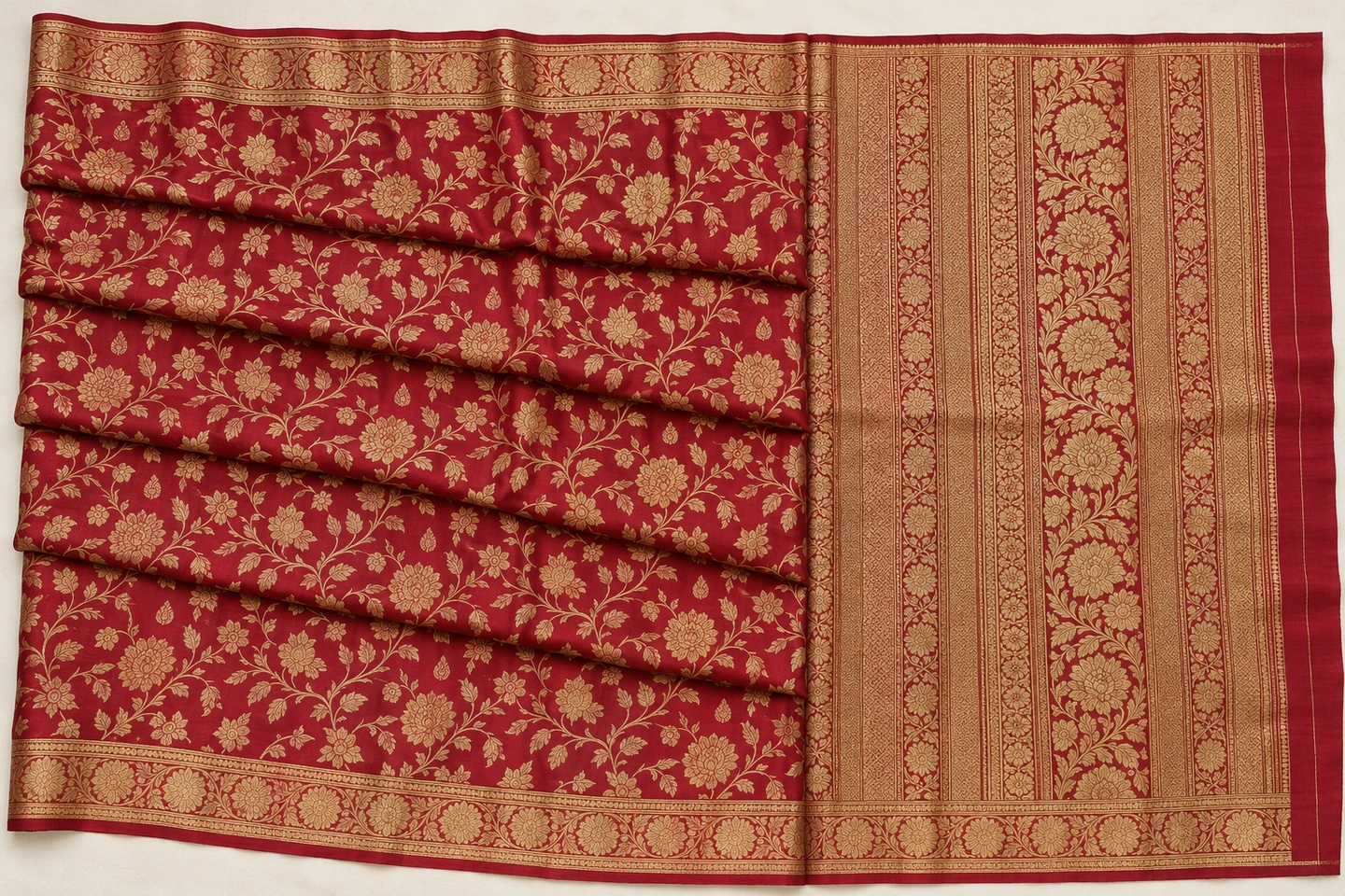 Richly decorated Banarasi-inspired silk with dense gold florals