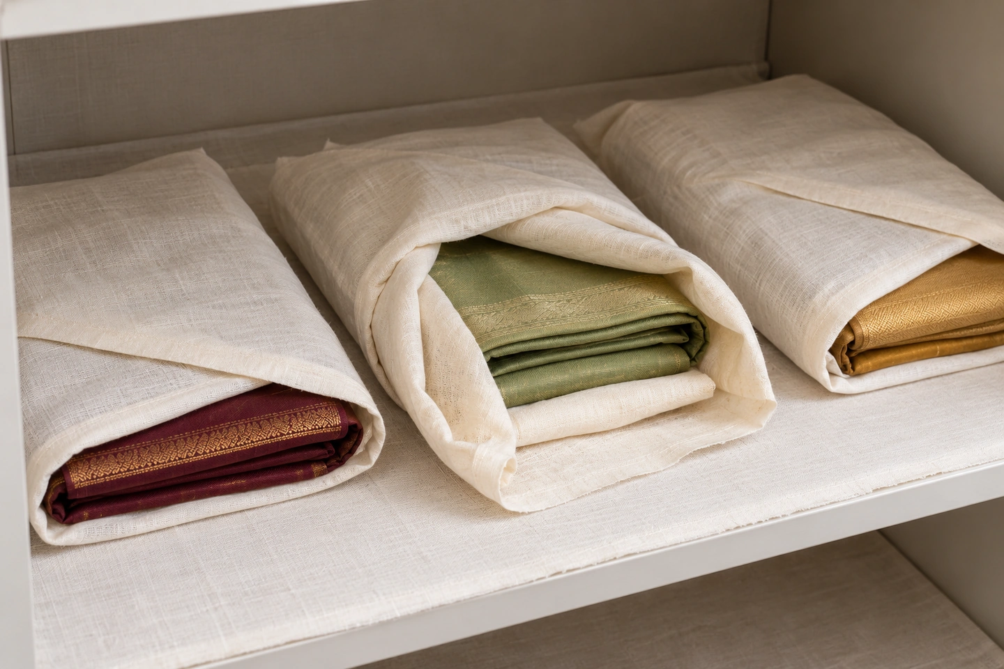 Loosely wrapped sarees on a muslin-lined shelf
