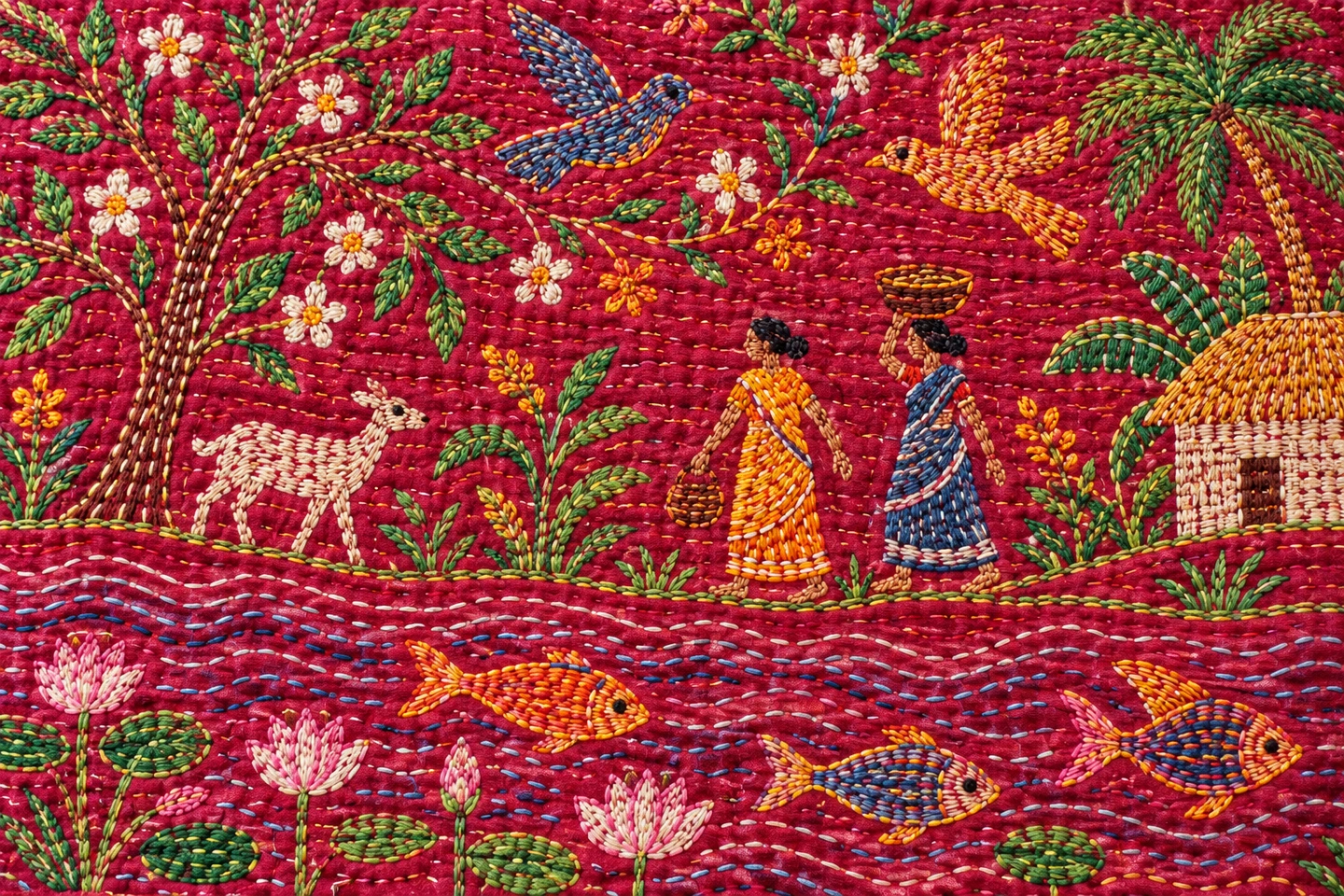 Illustrative textile study: Illustration for Kantha — running-stitch embroidery and storytelling