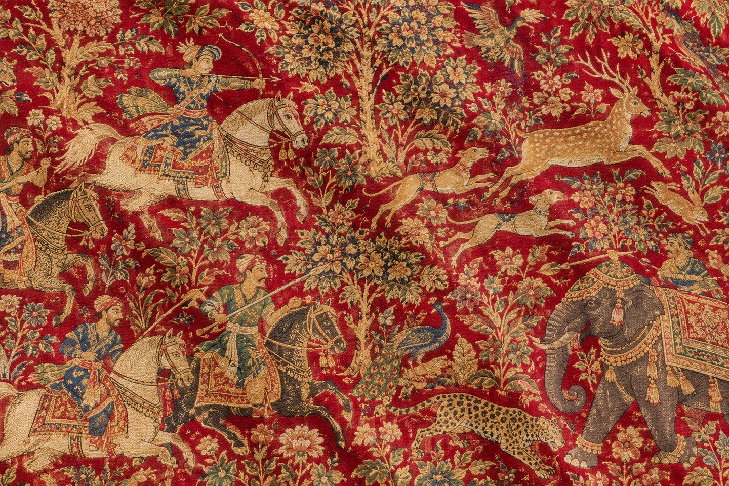 Shikargah textile illustration depicting a hunting narrative with figures and animals