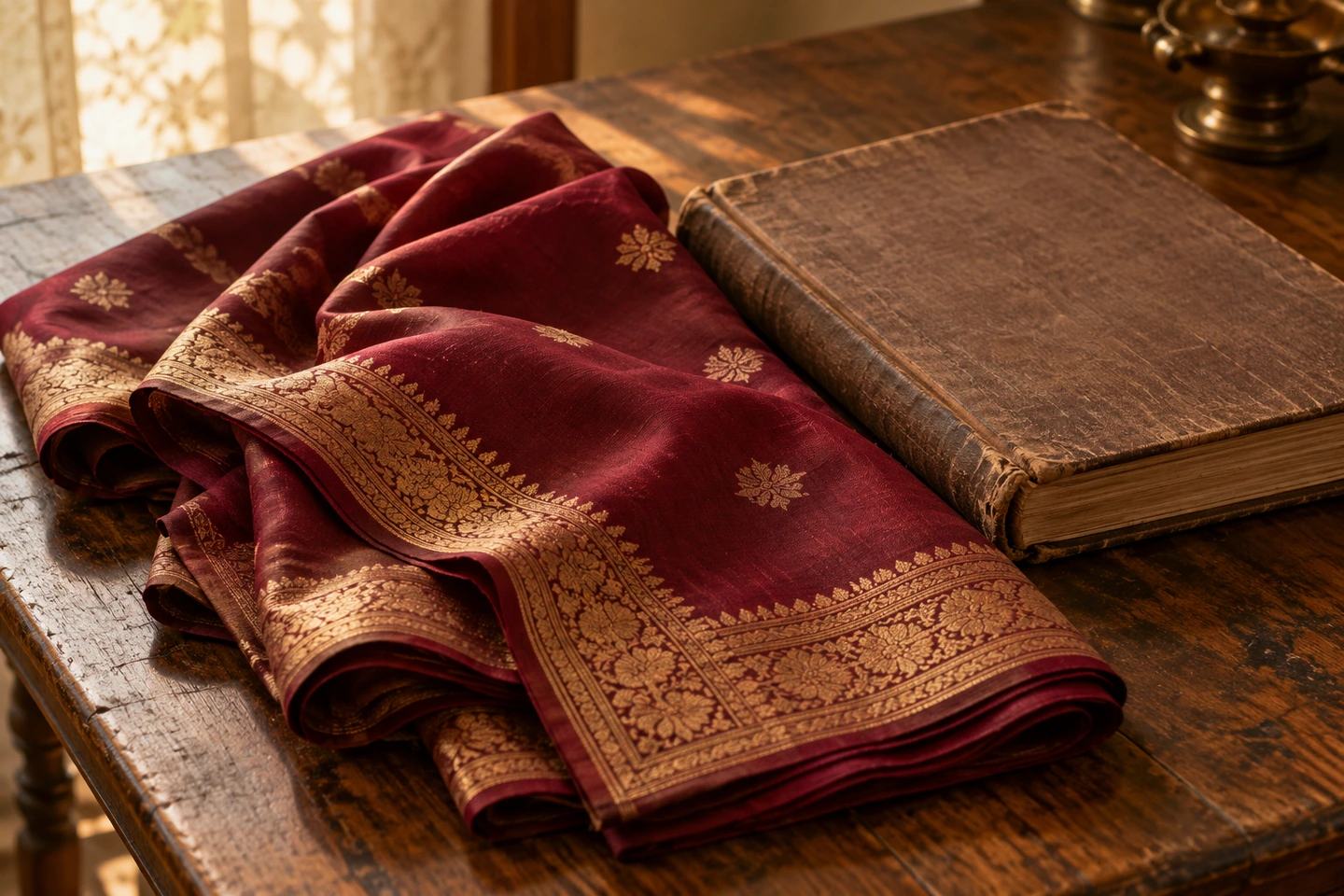 Folded maroon heirloom saree beside a closed, worn family album on a wooden table.
