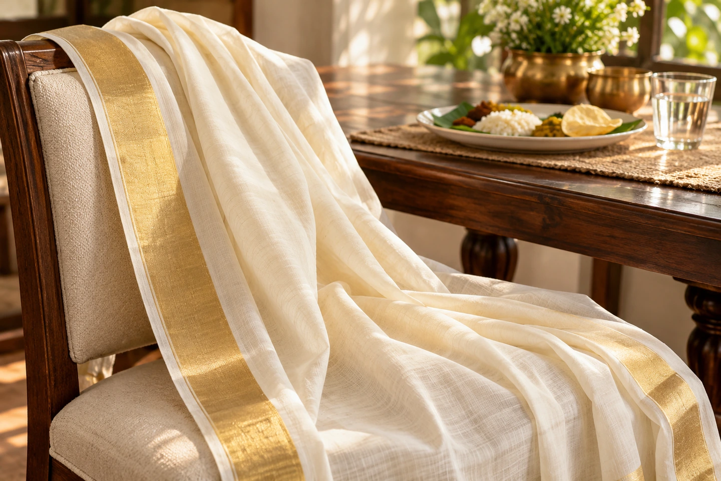 Off-white saree with a simple golden border draped beside a sunlit banana-leaf brunch setting.