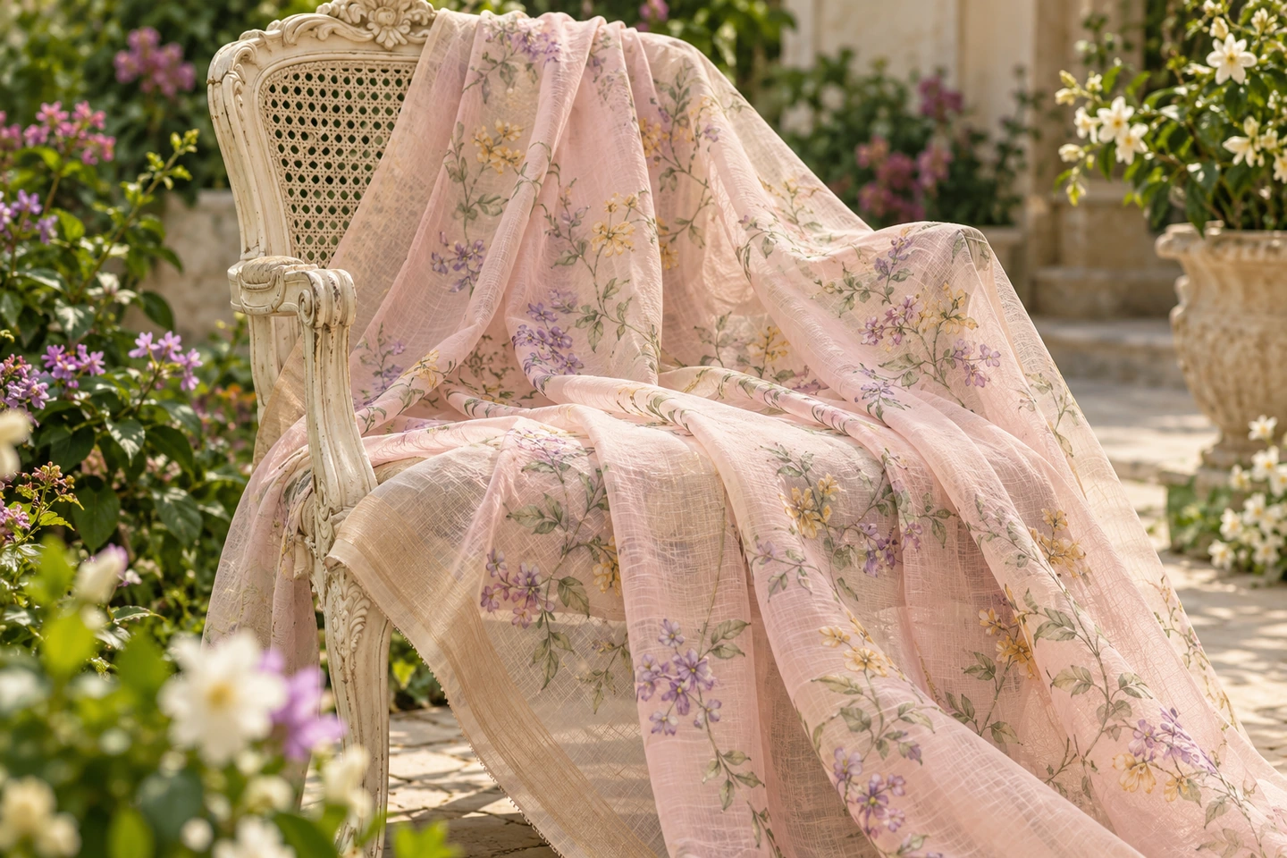 Blush-pink floral saree draped over a garden chair in soft daylight.