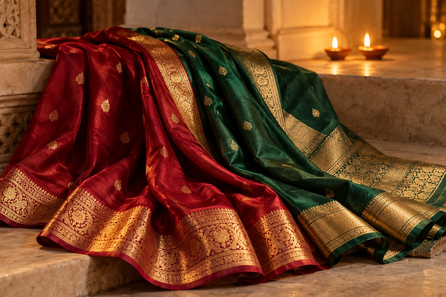 Jewel-coloured festive silk in the foreground with two lit diyas on a separate stone ledge behind.